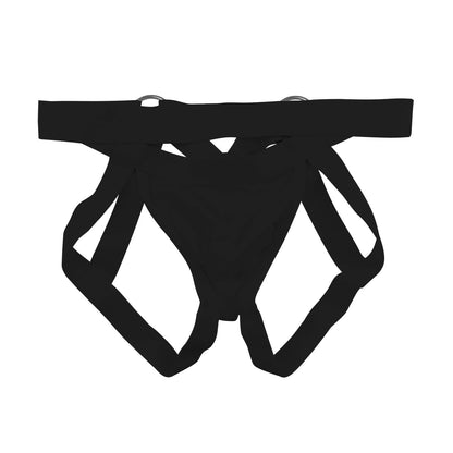 Detail view of black Metal Ring Cutout Double Waistband Jockstrap
