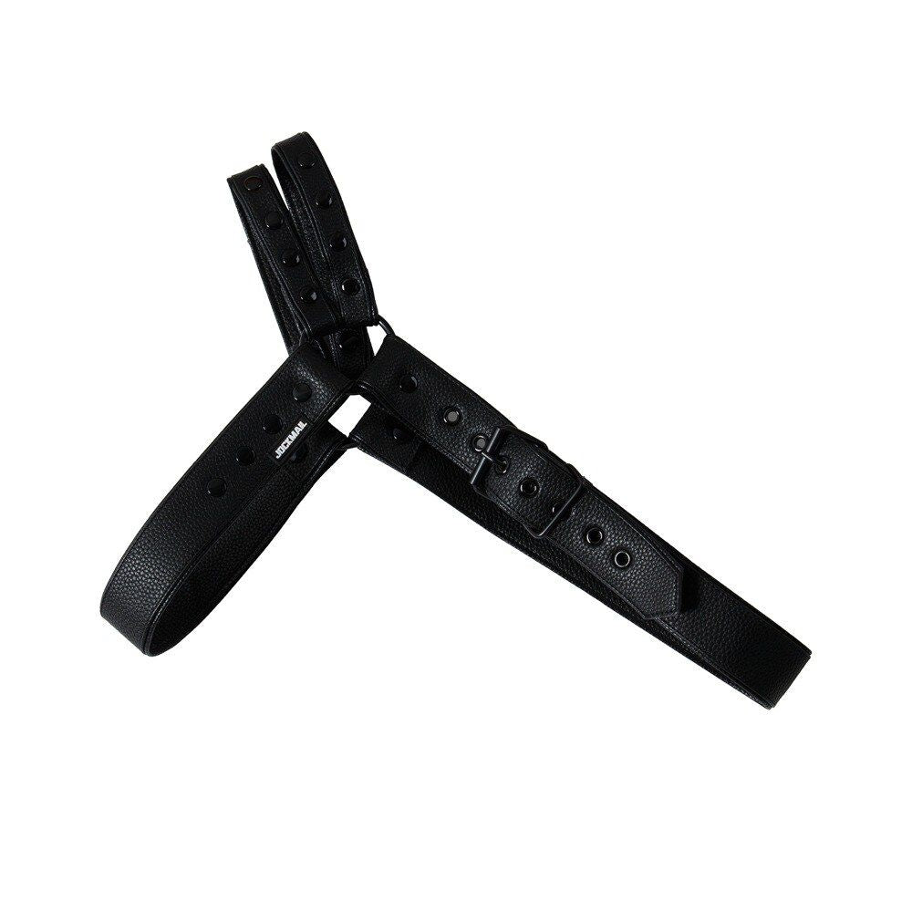Flat lay of black Faux Leather Jockstrap Shoulder Harness Set
