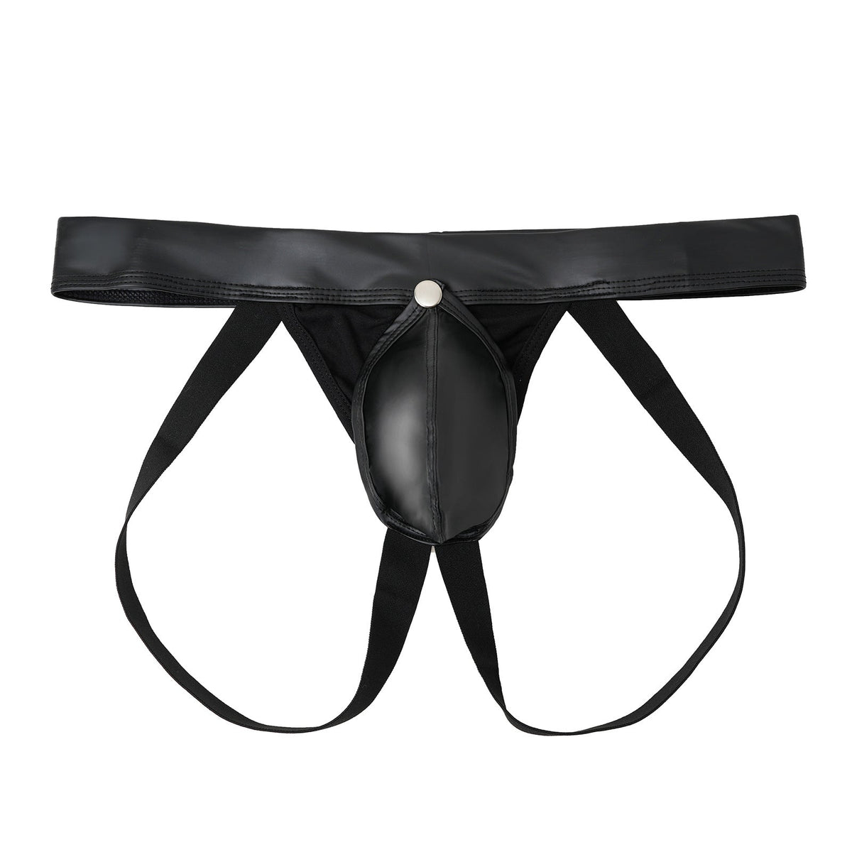 Black Detachable Pouch Faux Leather Jockstrap flat lay
