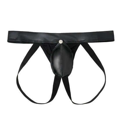 Black Detachable Pouch Faux Leather Jockstrap flat lay