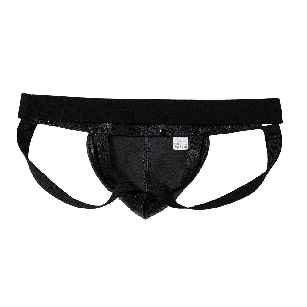 Detail view of black Faux Leather Jockstrap Shoulder Harness Set