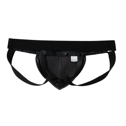 Detail view of black Faux Leather Jockstrap Shoulder Harness Set