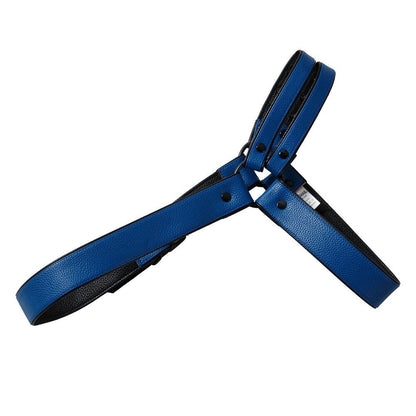 Flat lay of blue Faux Leather Jockstrap Shoulder Harness Set