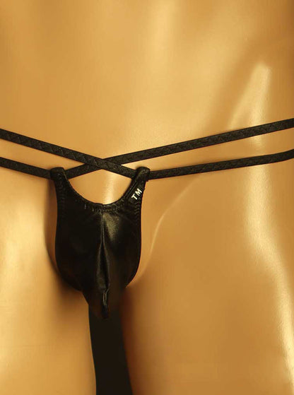 Black Double Strap Ring Pouch G String front view