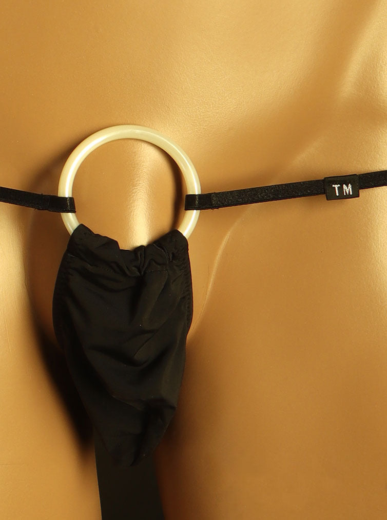 Black Oversized O Ring Pouch Low Rise Thong front view