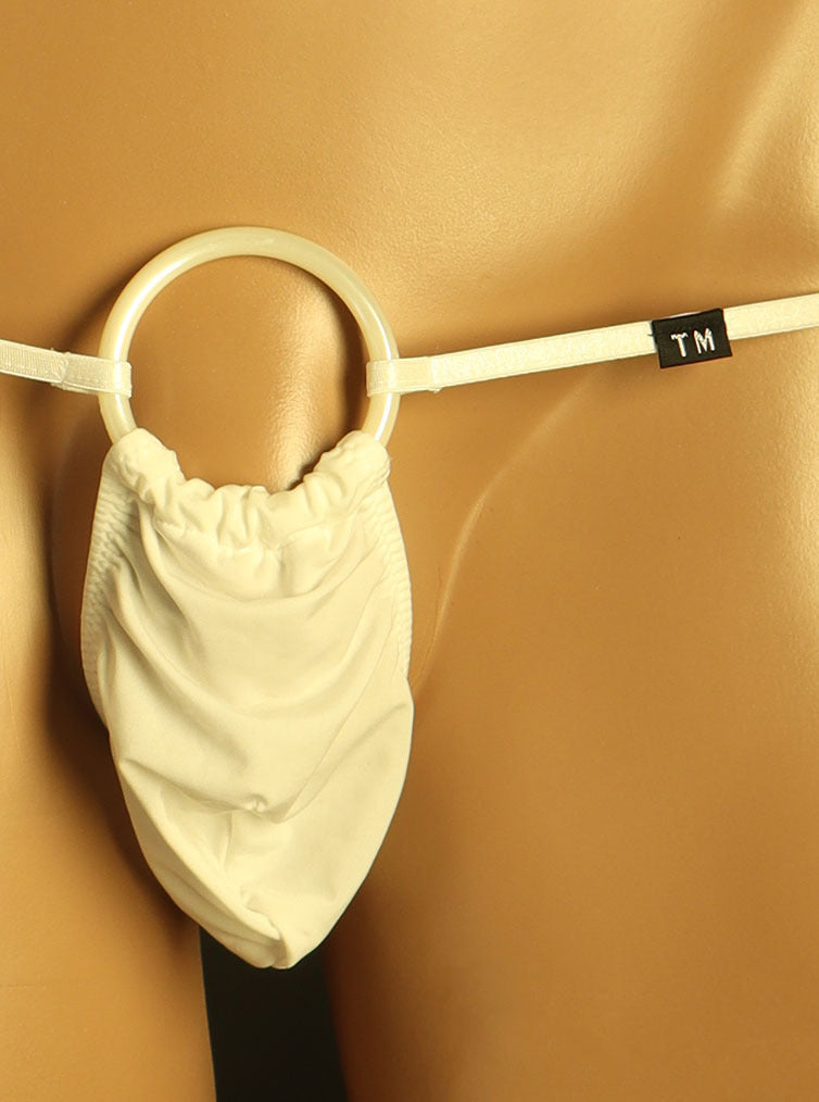 White Oversized O Ring Pouch Low Rise Thong front view