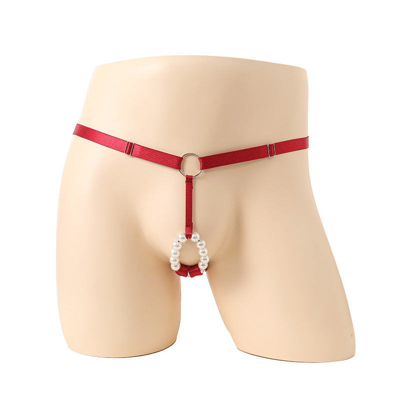 Red Pearl Ring Open Butt Jockstrap G String front view