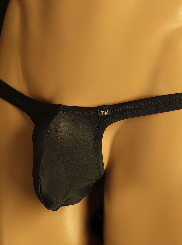 Black Semi Sheer Roomy Pouch Low Rise Thong front view
