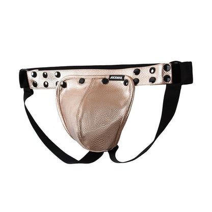 Gold Faux Leather Jockstrap Shoulder Harness Set flat lay