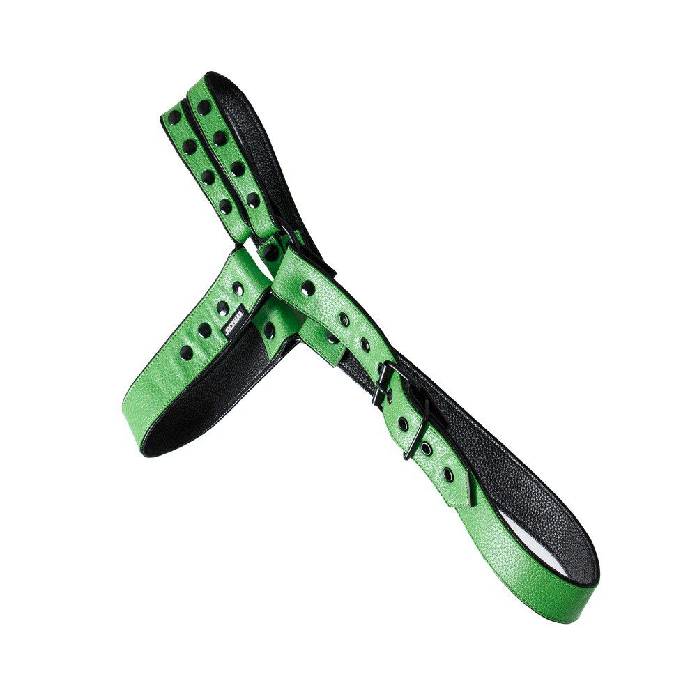 Faux Leather Jockstrap Shoulder Harness Set in green product detail