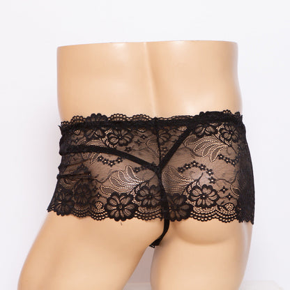 Black Sheer Lace Boxer and G String Set boxer back view