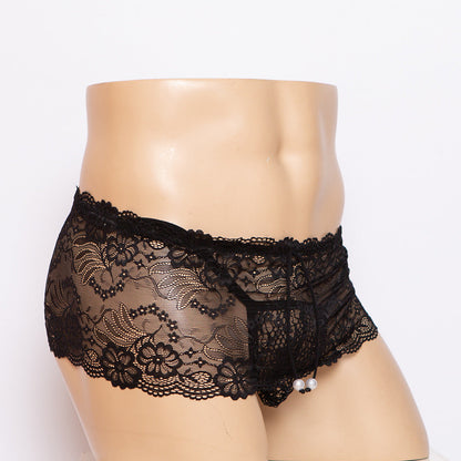Black Sheer Lace Boxer and G String Set boxer side view