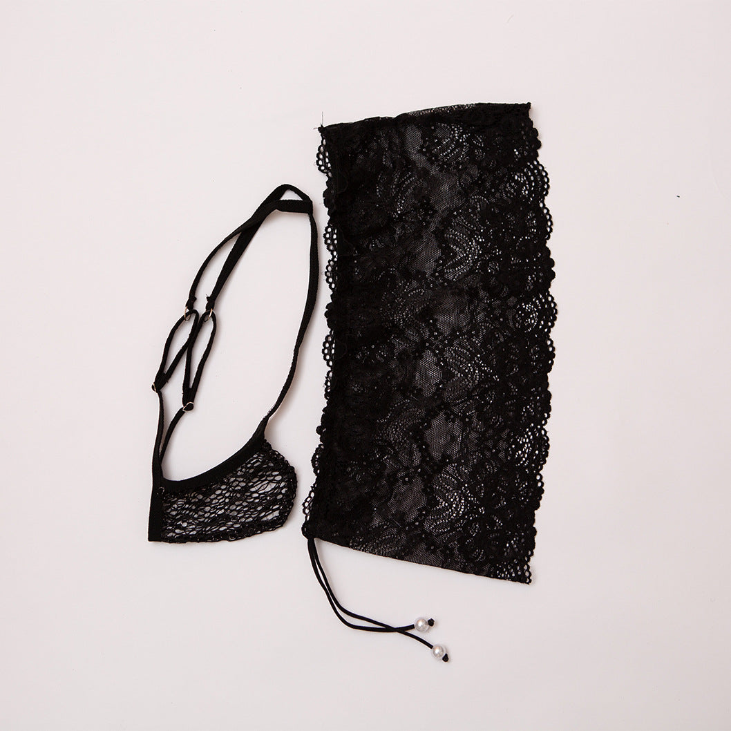 Black Sheer Lace Boxer and G String Set product view