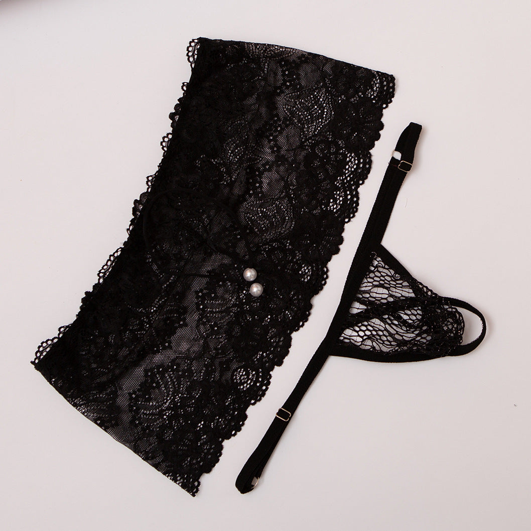 Black Sheer Lace Boxer and G String Set flat lay