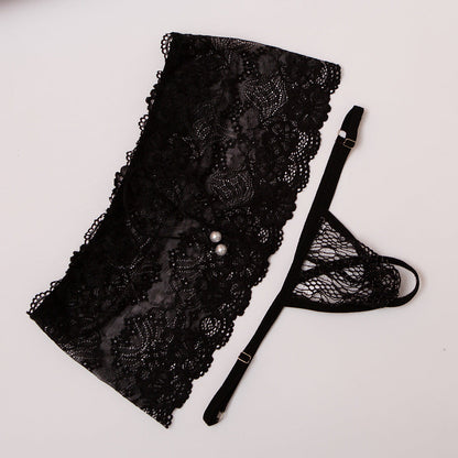 Black Sheer Lace Boxer and G String Set flat lay