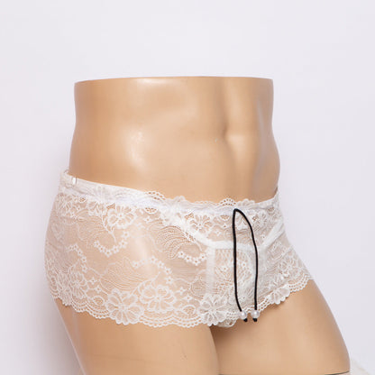 White Sheer Lace Boxer and G String Set boxer side view