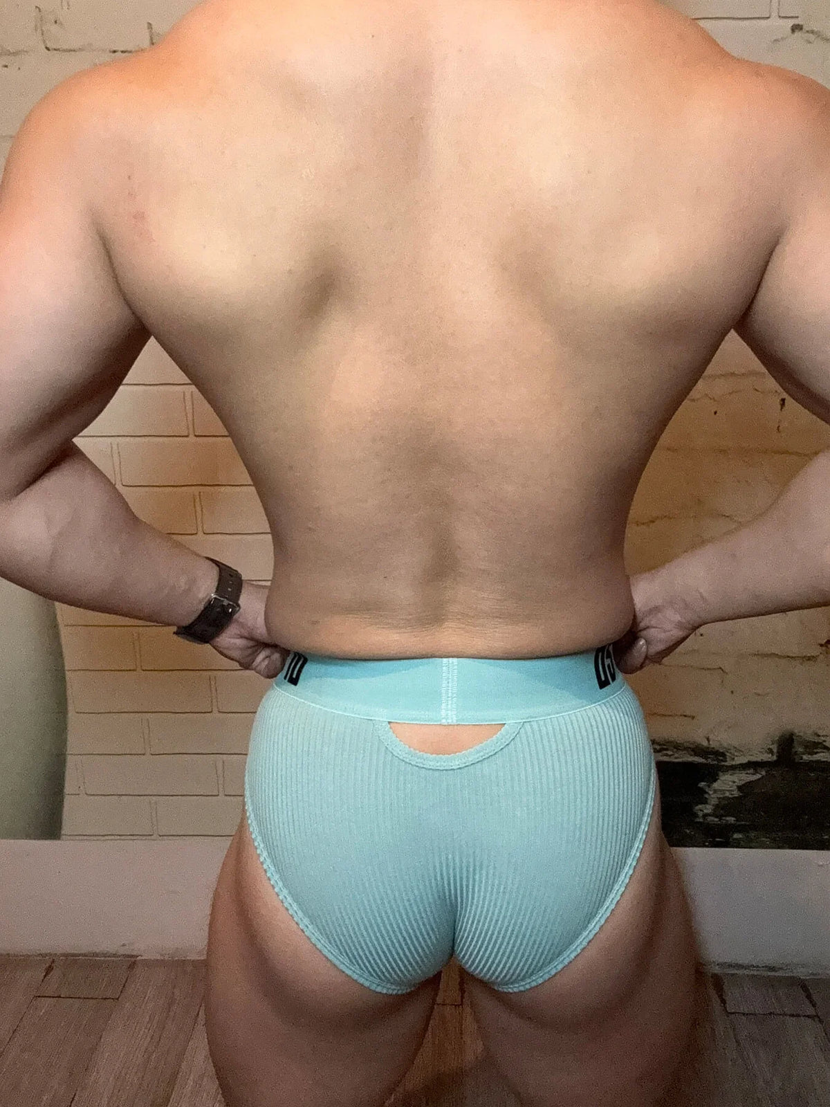 Aqua Cotton Pouch Cutout Low Rise Brief rear fit on model