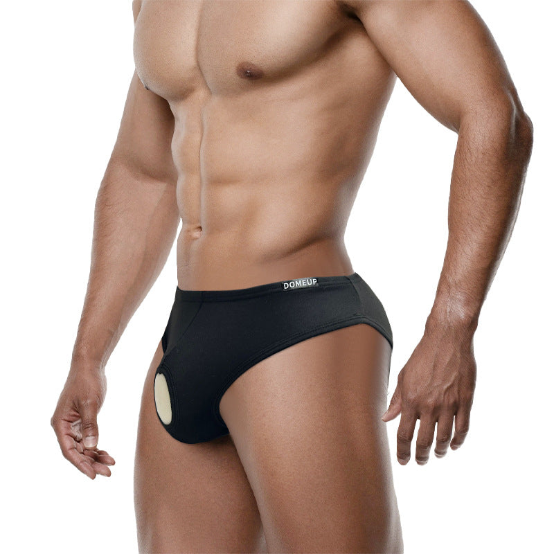 Black Open Back Cutout U Pouch Brief side fit on model