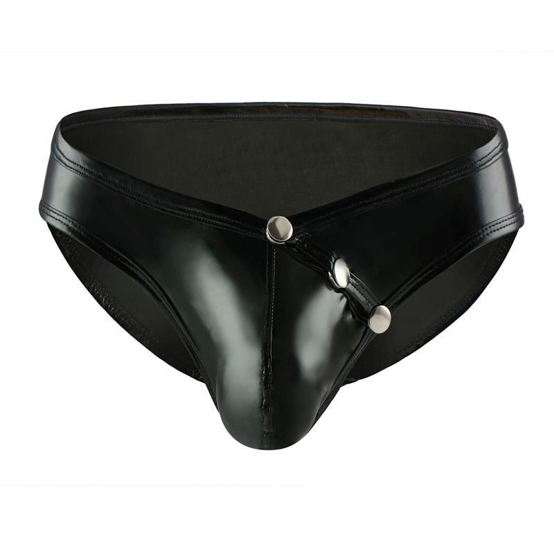 Alternate flat lay of black Wet Look Faux Leather Snap Pouch Briefs