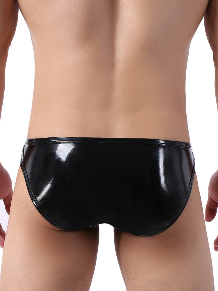 Alternate rear view of black Wet Look Faux Leather Snap Pouch Briefs