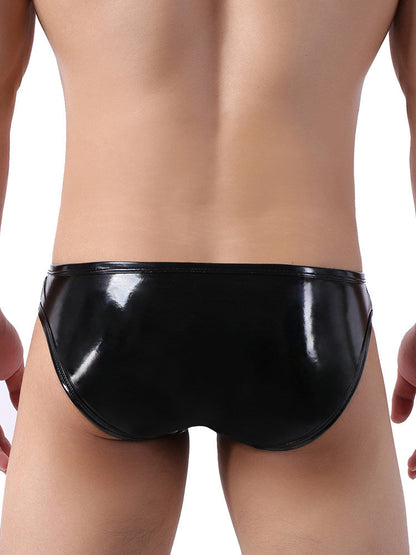 Alternate rear view of black Wet Look Faux Leather Snap Pouch Briefs