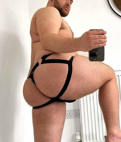 Black Metal Ring Cutout Double Waistband Jockstrap close up detail