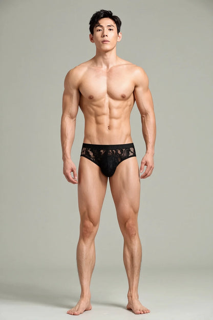 Front Full View of black Sheer Floral Lace Contour Pouch Briefs