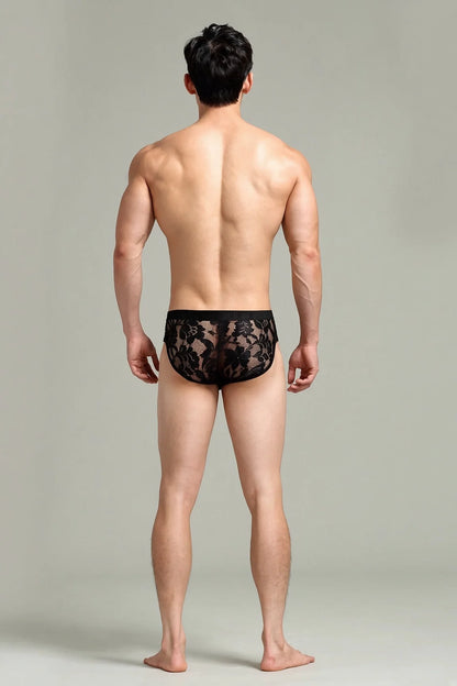Alternate full length view of black Sheer Floral Lace Contour Pouch Briefs