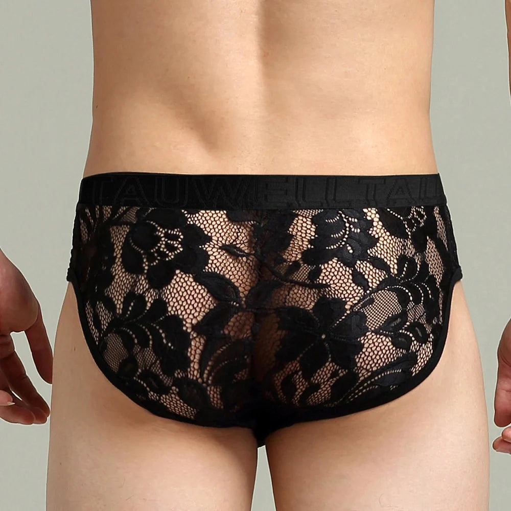 Detailed rear view showing black Sheer Floral Lace Contour Pouch Briefs