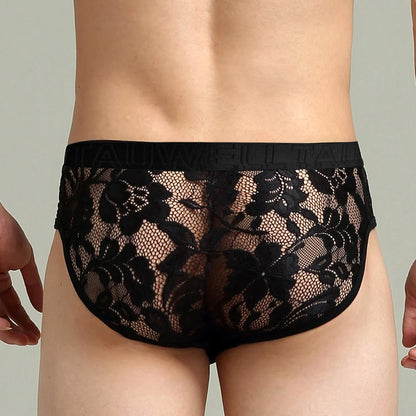 Detailed rear view showing black Sheer Floral Lace Contour Pouch Briefs
