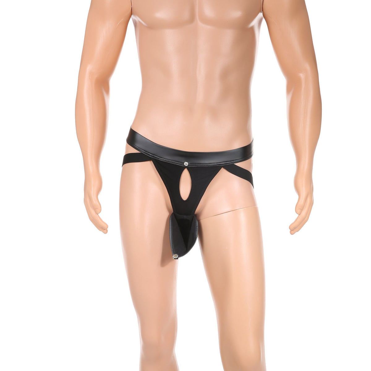 Front view of black Detachable Pouch Faux Leather Jockstrap