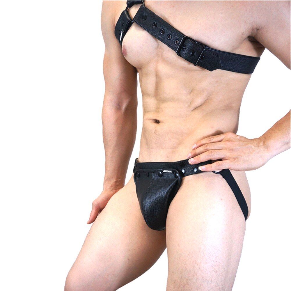 Alternate view of black Faux Leather Jockstrap Shoulder Harness Set