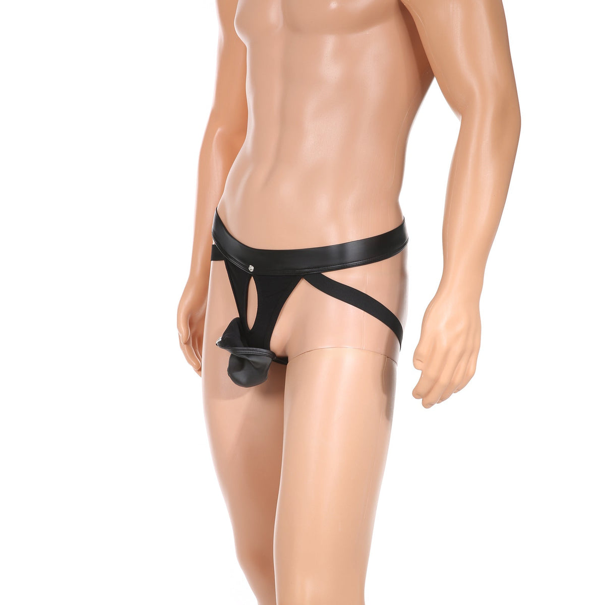 Black Detachable Pouch Faux Leather Jockstrap product view