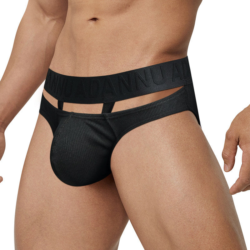 Ribbed Cotton Strap Window Brief in black model view