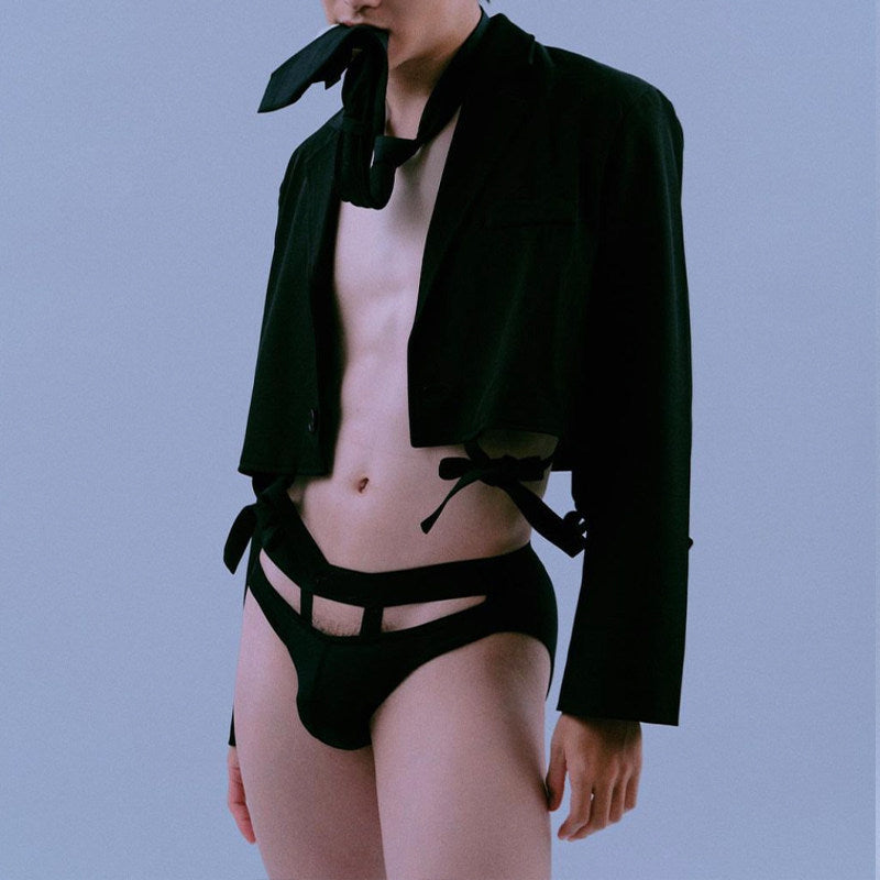 Black Ribbed Cotton Strap Window Brief model view