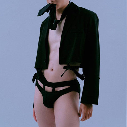 Black Ribbed Cotton Strap Window Brief model view