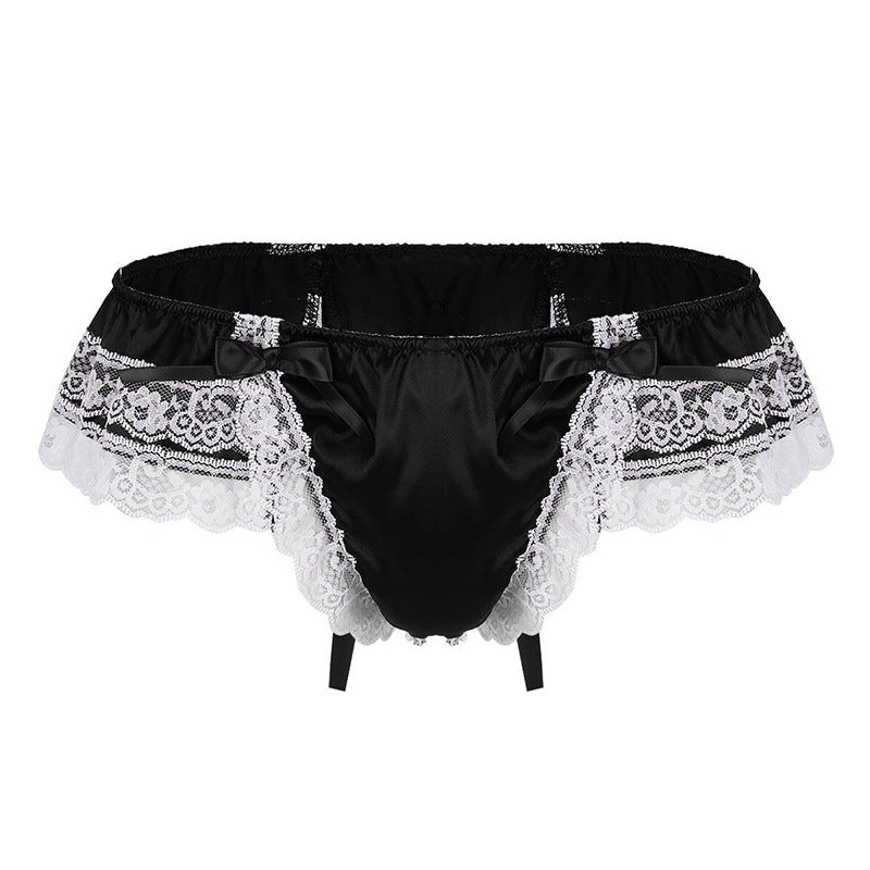 Black Frilly Satin Open Back Ruffle Panty flat lay