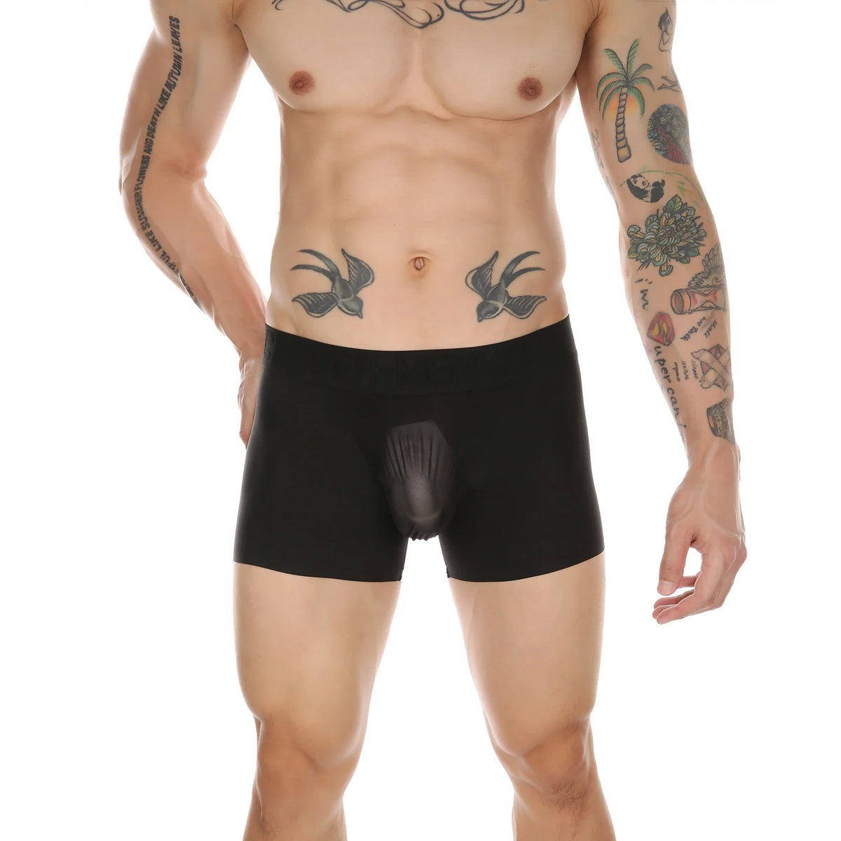 Front View of black Seamless Ice Silk Heart Mesh Boxer Briefs