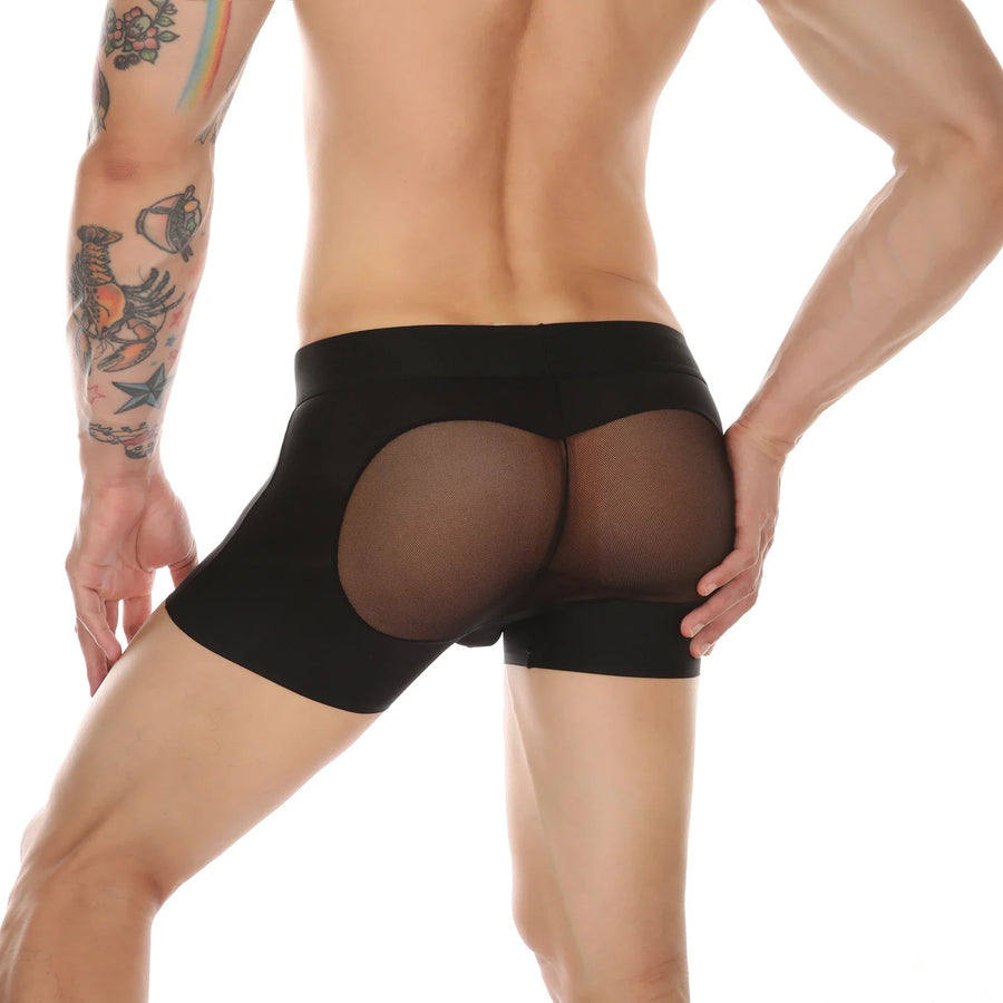Black Seamless Ice Silk Heart Mesh Boxer Briefs rear view