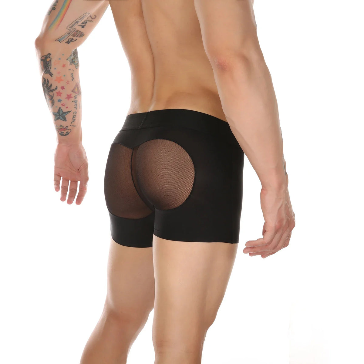 Seamless Ice Silk Heart Mesh Boxer Briefs in black shown in side rear view