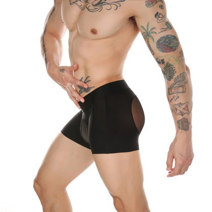 Alternate side view of black Seamless Ice Silk Heart Mesh Boxer Briefs