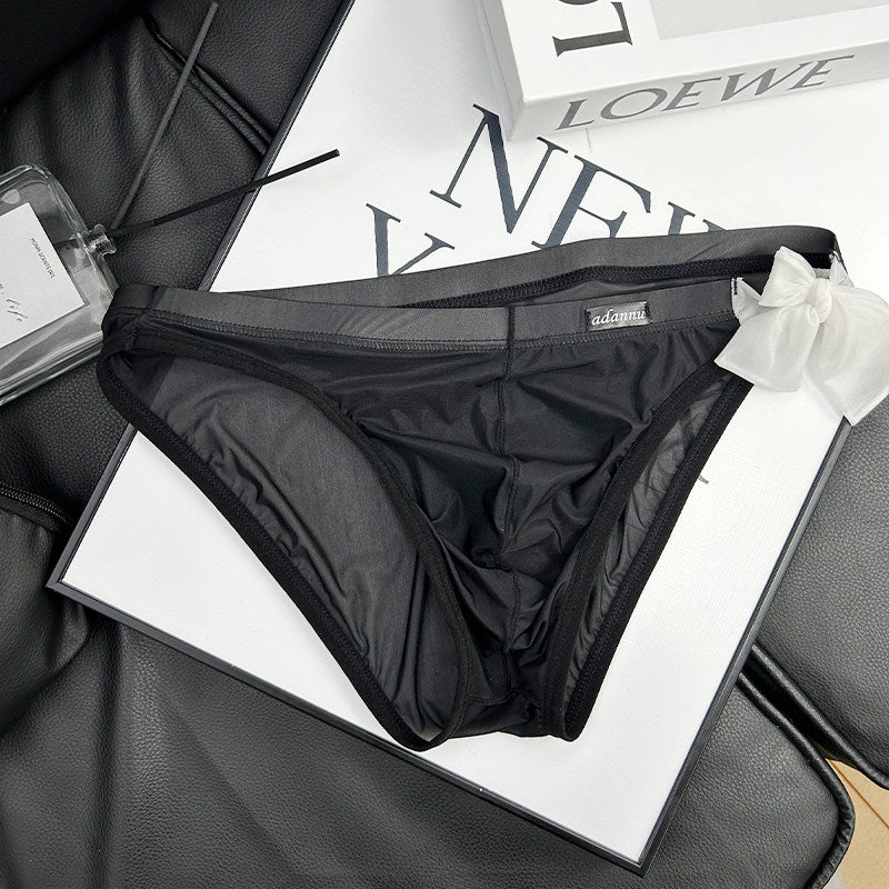 Black Sheer String Bikini Brief with Chiffon Bow flat lay