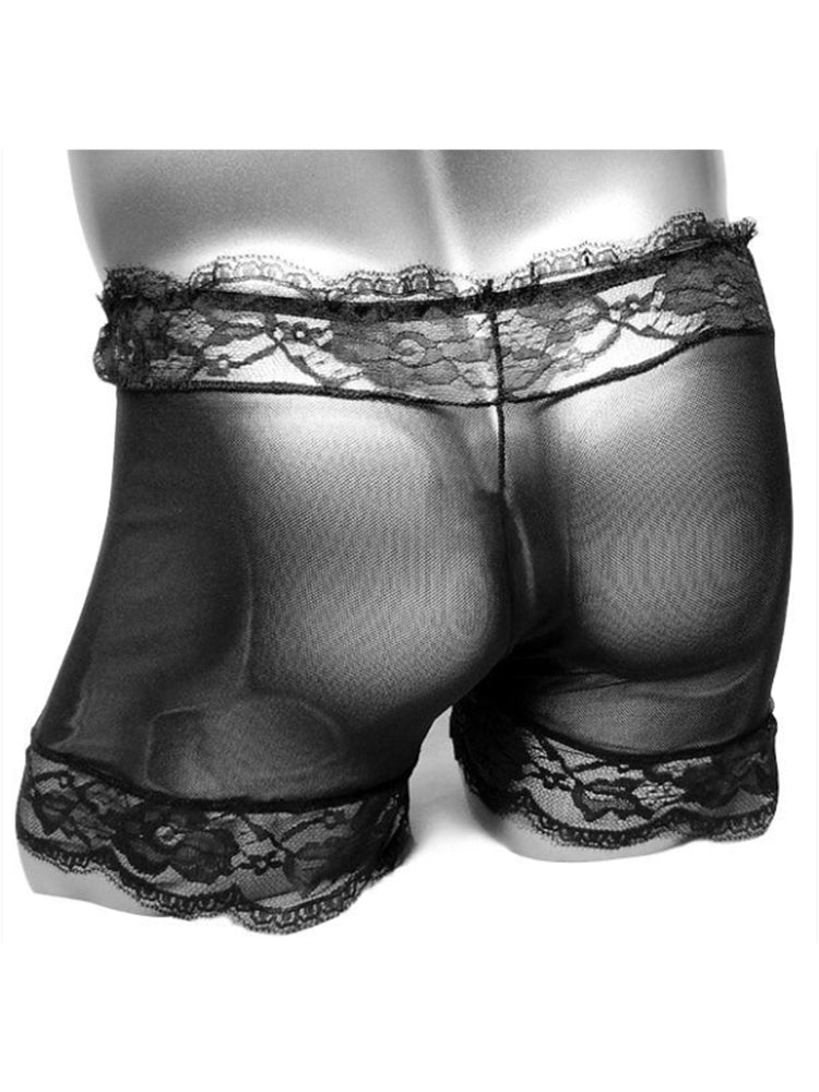 Detailed flat lay showing black Sheer Mesh Floral Lace Trim Boxers