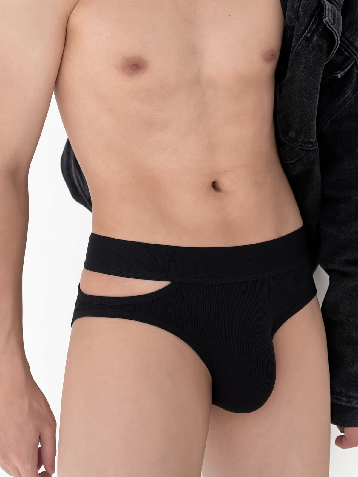 Detailed hip close view showing black Side Cut Out Cotton Low Rise Briefs