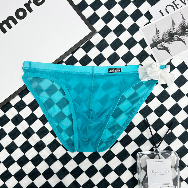 Blue Sheer String Bikini Brief with Chiffon Bow flat lay