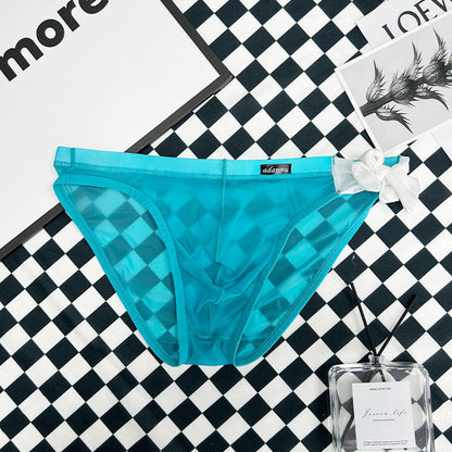 Blue Sheer String Bikini Brief with Chiffon Bow flat lay