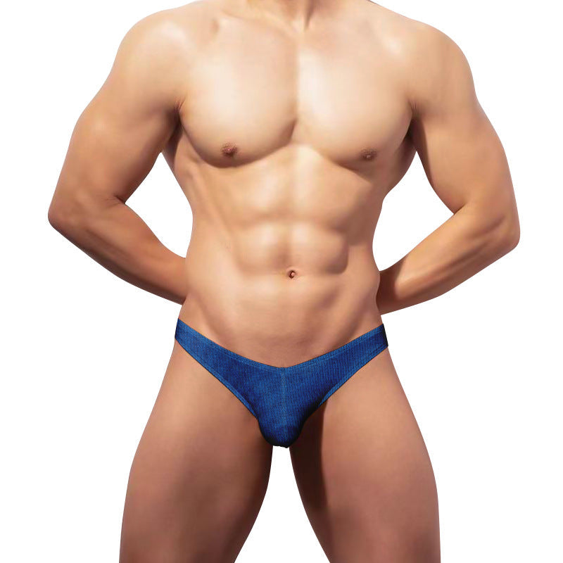 Blue Combed Cotton Big Pouch T Back Thong front studio view
