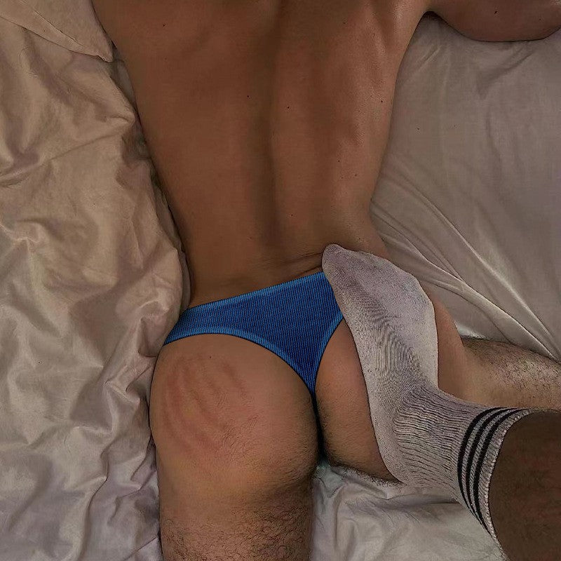 Blue Combed Cotton Big Pouch T Back Thong reclining view