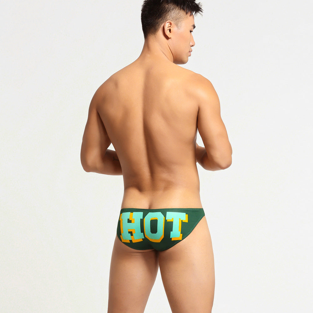 Detailed rear view showing green Varsity Back Print Silky Low Rise Briefs