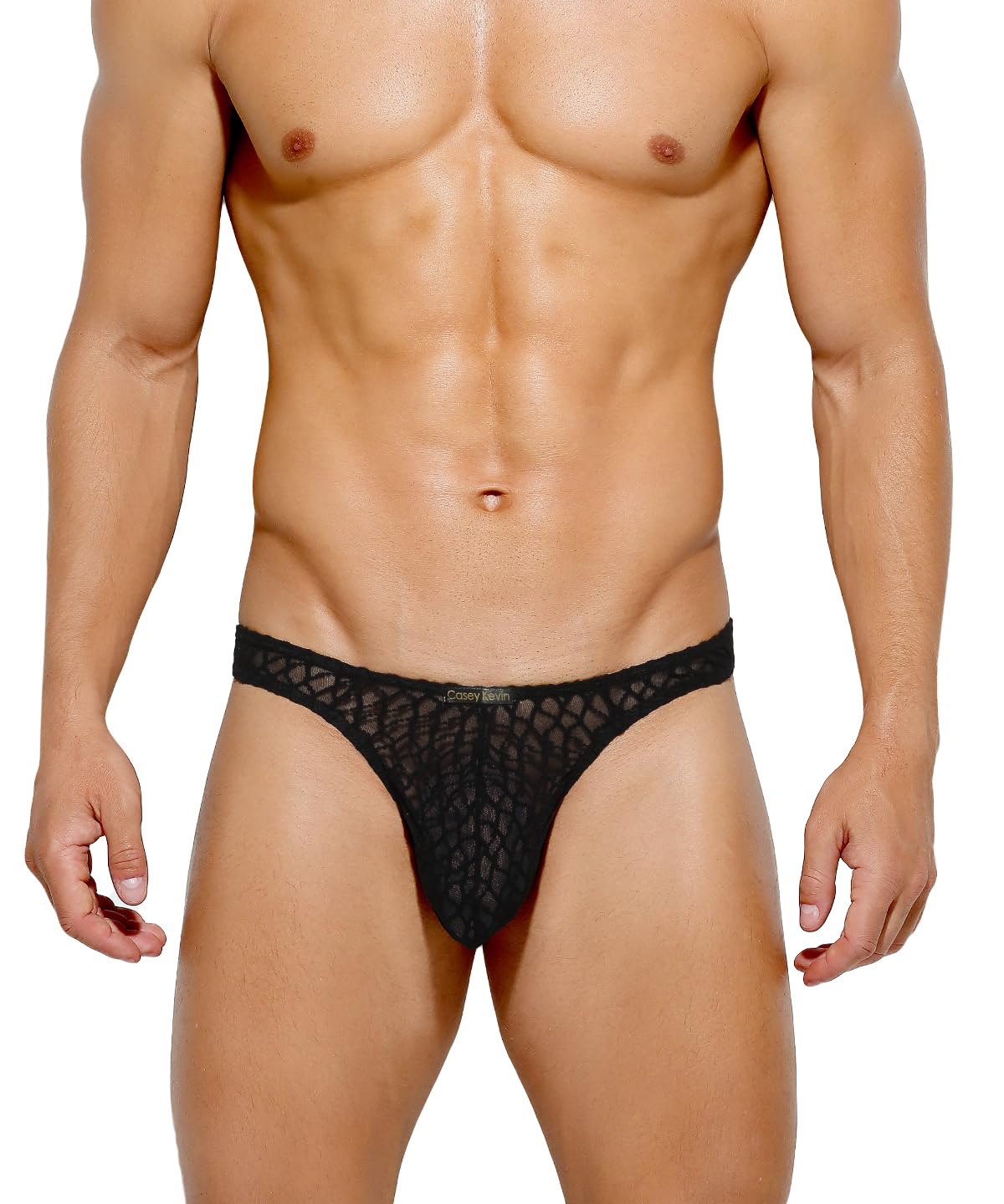 Black Fishnet Lace See Through T Back Thong front studio view